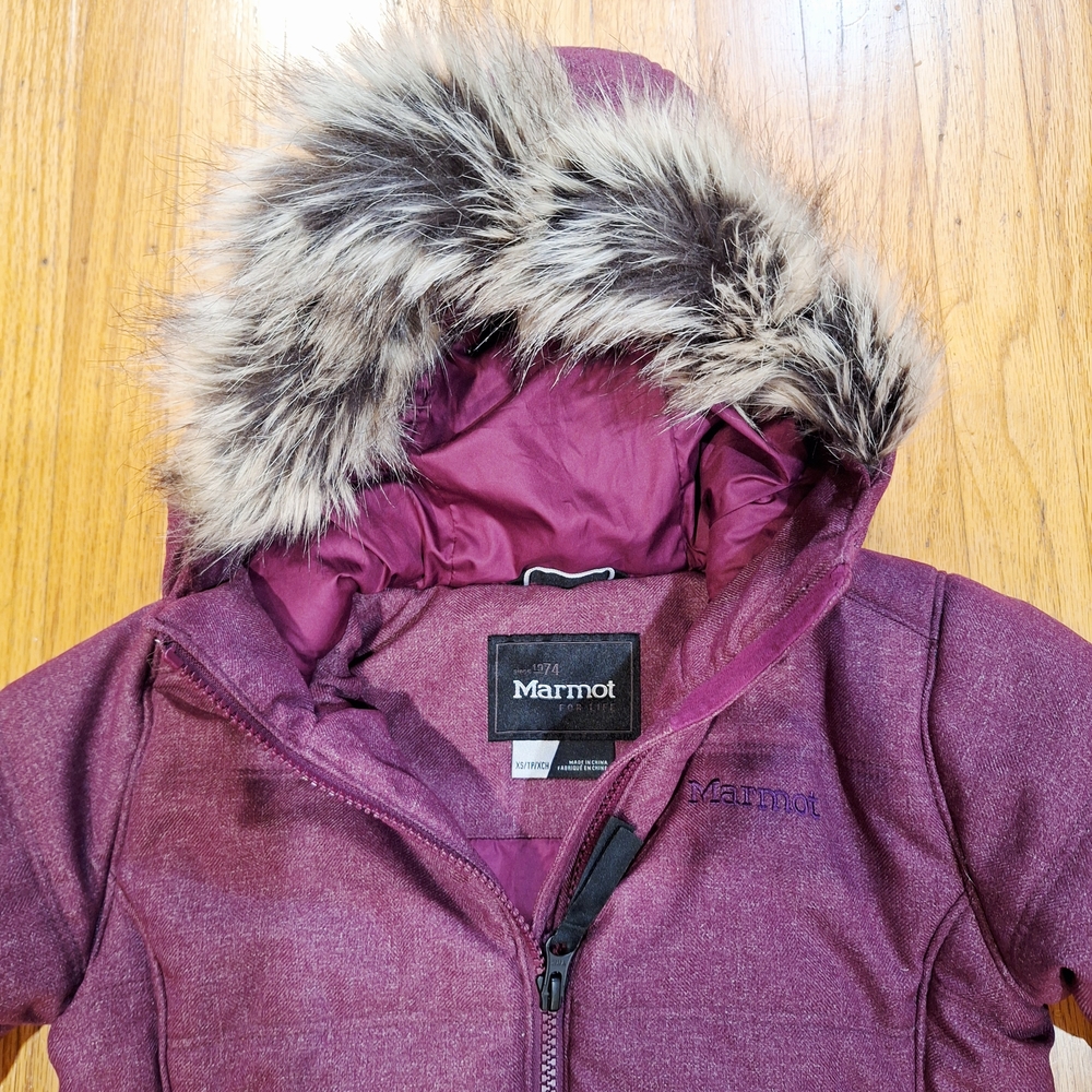 Marmot Kids Puffer Jacket in Purple with Faux Fur Hood